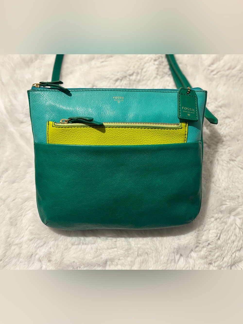 Fossil Leather Crossbody Bag - Teal Emerald Lime Colorblock SHB1278